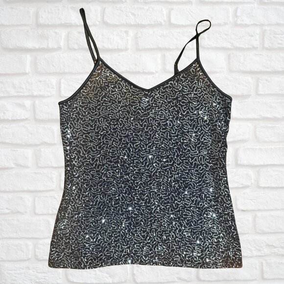 Express Sequin Cami Tank Top Medium Silver Sparkle Adjustable Holiday Party Look - Picture 1 of 8